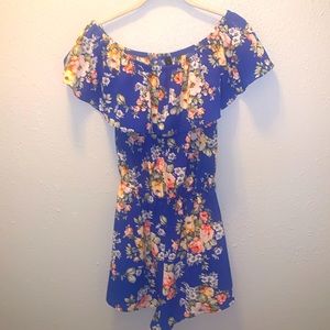 ING Royal Blue Floral Shorts Romper On or Off Shoulder Women’s Sz Medium